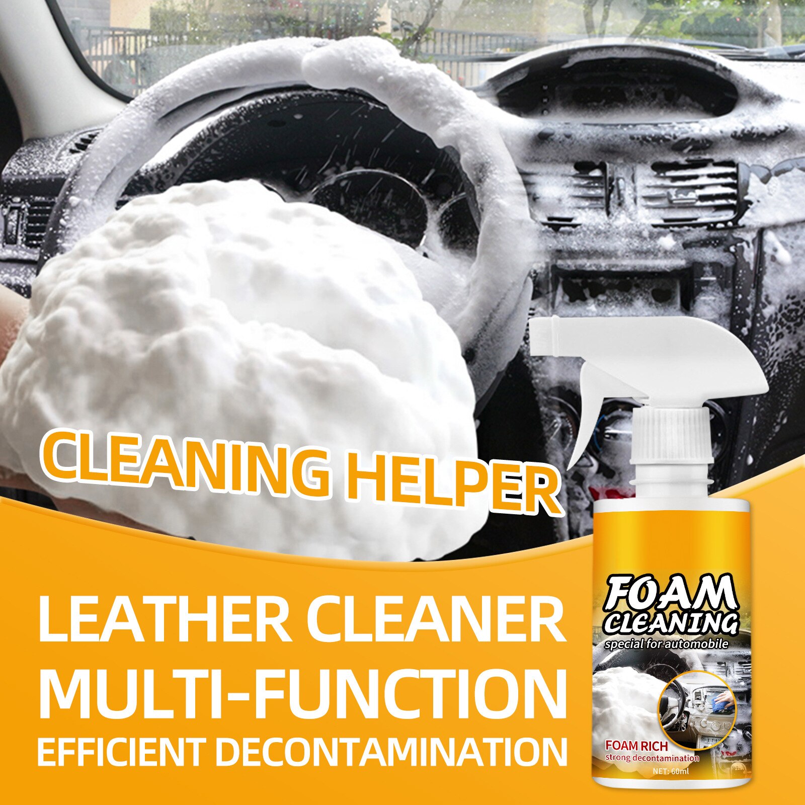 Multipurpose Foam Cleaner for Car Seat Steering Wheel Rinse-Free Car Interior Cleaner Easy to Use Leather Cleaner Car Cleaning