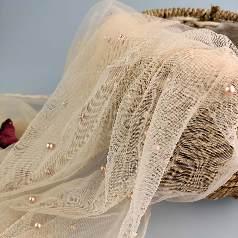 Tissu en Tulle et dentelle perlée, 5 mètres, décoration pour robe, , en Stock, 2022: Apricot 5Y