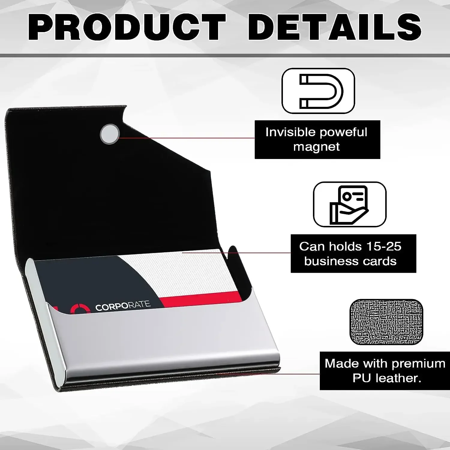 Tarjetero de visita Tarjetero de cuero PU Tarjetero Estuche para tarjetas Bolsillo para tarjetas de crédito de acero inoxidable con cierre magnético para hombres y mujeres