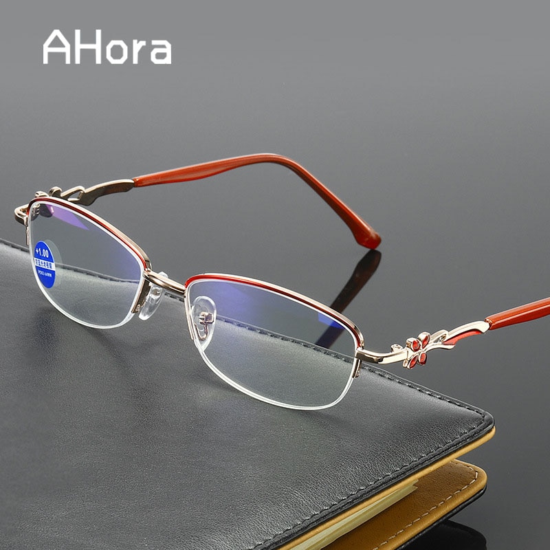 Ahora anti-blå lys blomst læsebriller kvinder halv ramme prebyopia briller hyperopia briller  +1.0+1.5+2.0+2.5...+4.0