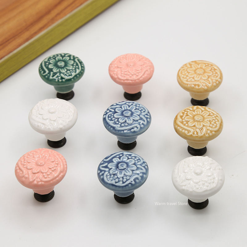 Single Hole Round Ceramic Knob Handle Flower Surface Cabinet Kitchen Door Drawer Handles Dresser Knobs Pulls Furniture Hardware