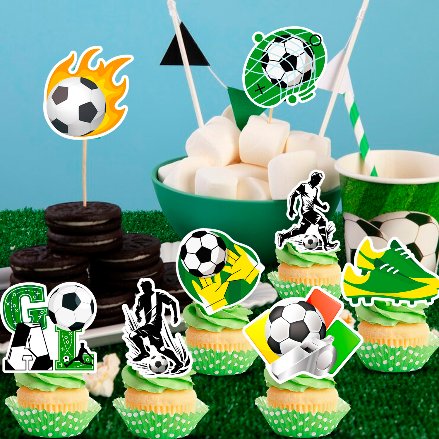 Voetbal taart decoraties, 13 stuks voetbal taart topper set - voetbal cupcake toppers + voetbal taart topper voor voetbal verjaardag