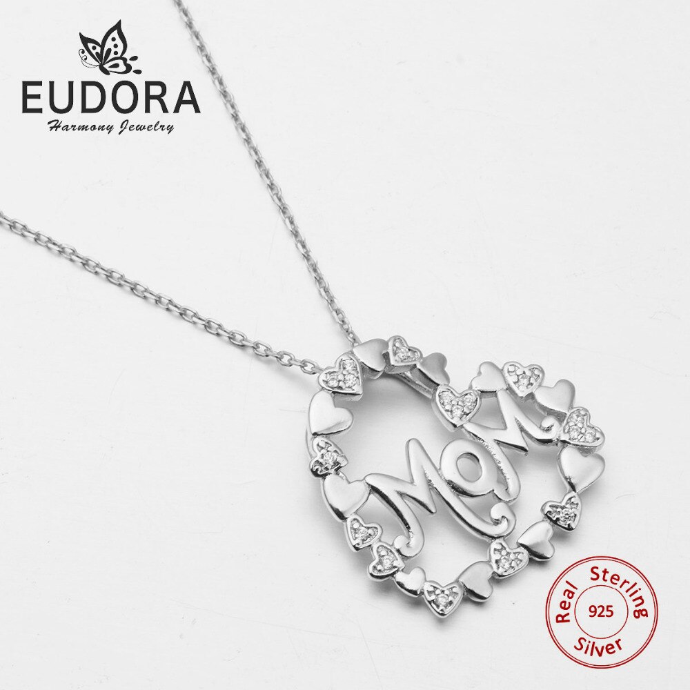 Eudora100 % 925 Zilveren Moeder Hart Hanger Ketting Met Clear Zirconia Choker Mode-sieraden Voor Dag Moeder CYD60