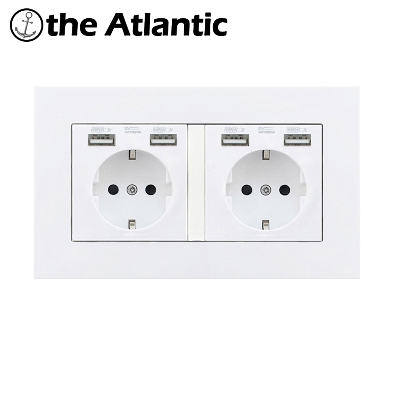 Atlectric DE EU RU Spain Plug Socket Dual USB Charging Port Power Wall Double Socket Glass Panel Outlet 146mm*86mm