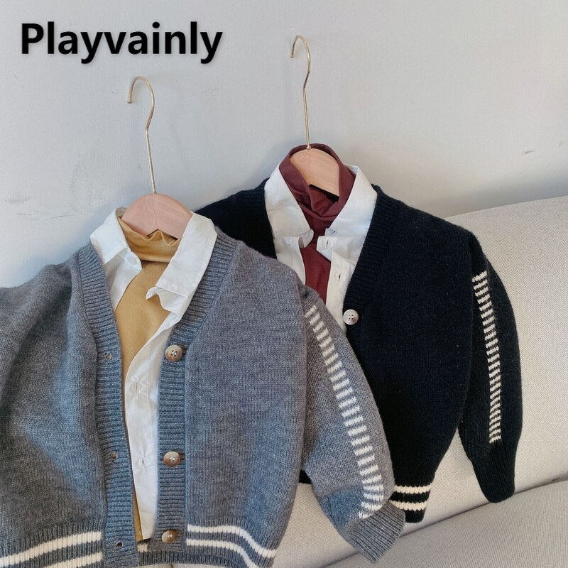 2021 vendita calda autunno ragazzi ragazze maglione cappotto grigio nero Patchwork maniche lunghe Cardigan giacche bambini maglieria Casual E7333