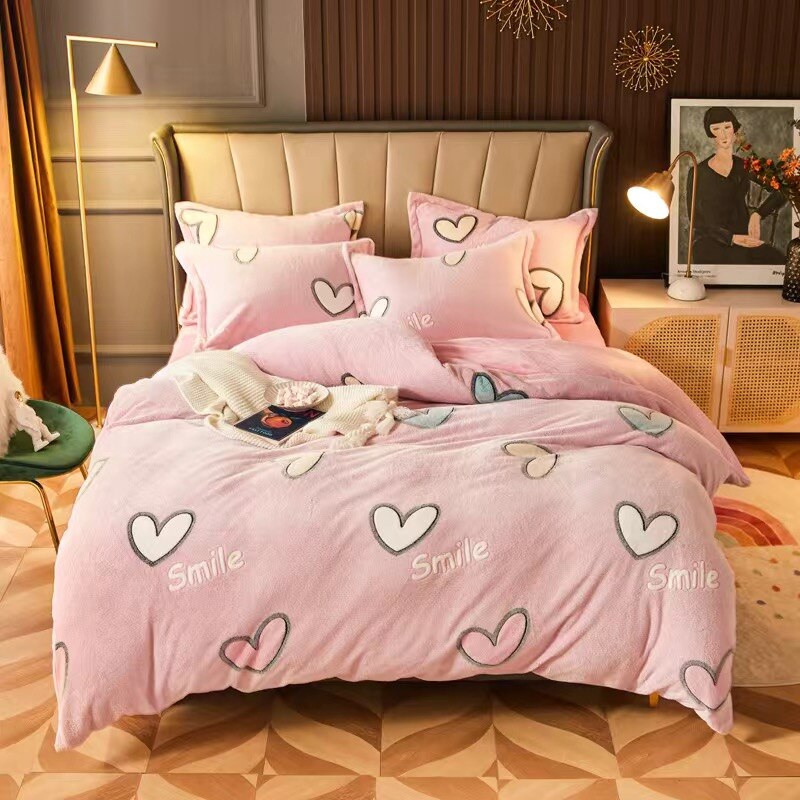 JUSTCHIC doux amour coeur imprimé parure de lit hiver flocon de neige velours épaissir housse de couette unique reine housse de couette + taie d'oreiller