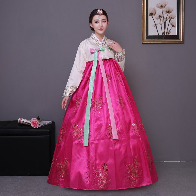 Costume traditionnel coréen hanbok à paillettes, costume de palais coréen pour femme, robe hanbok, vêtements de danse nationale pour spectacle sur scène 89: rose red / M