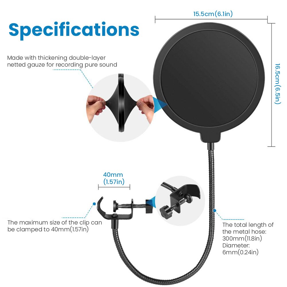 universell studiokondensatormikrofon dobbeltlags popfilter fleksibelt vindskjermmikrofon lydfilter til  bm 800 k669 mikrofoner