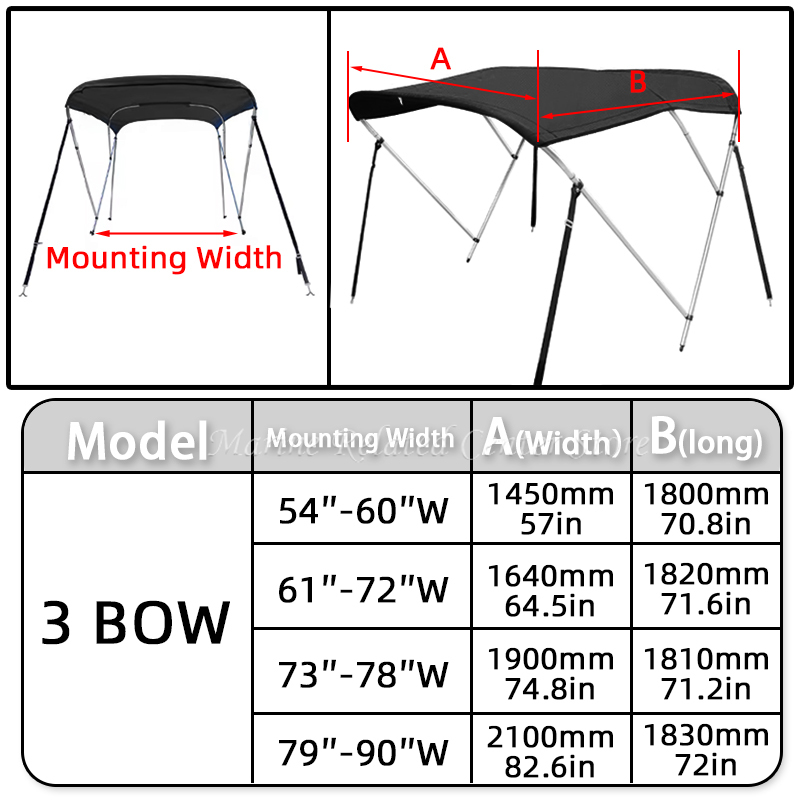 3 Bow Boat Bimini Top 600D Polyester Canopy Waterproof&Sun Shade Awning Canopy Fit for Boat Yacht Boat Accessories
