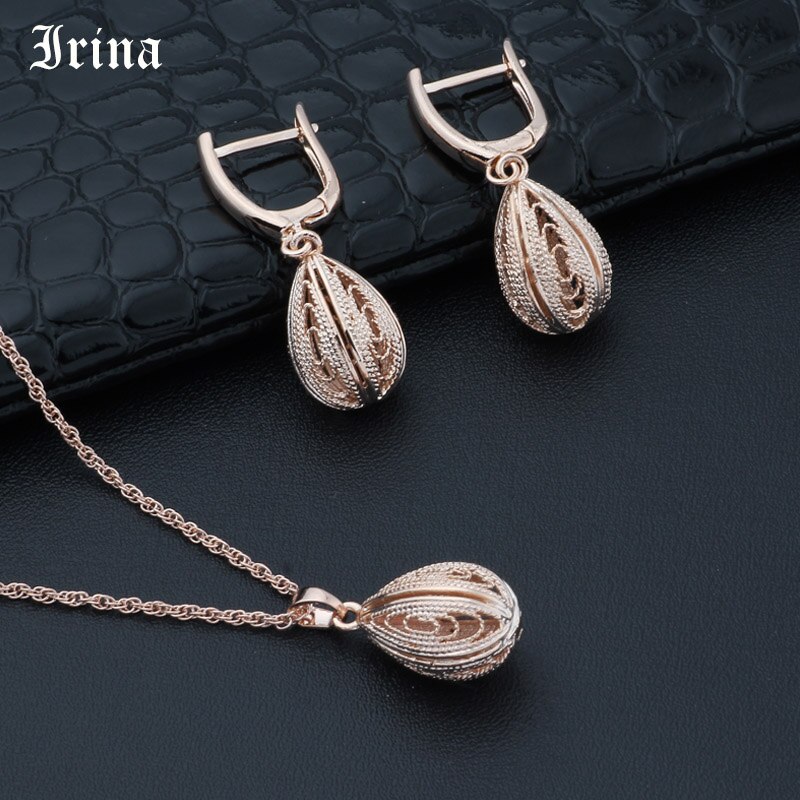 Irina vrouwen Sieraden Set Droplet Ovale Opengewerkte Lange Ketting Oorbellen Set Bruiloft Accessoires Party: Default Title