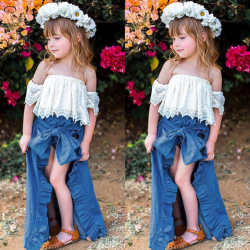 Summer Princess Girl Kid Lace Off-shoulder T-shirt Top Blue Jeans Shorts Bowknot Skirts Party Children 2Pcs Outfits