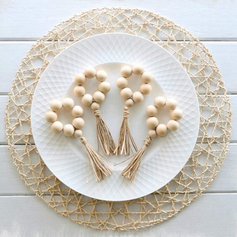 Hout Kraal Servetringen Boerderij Hout Kralen Garland Met Kwasten Houten Kralen Muur Opknoping Decor Voor Bruiloften Home 8Pcs