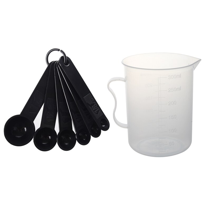 1 set van 6 stuks 1/8 theelepels -1 eetlepels plastic maatschepjes & 1x laboratorium maatbekers van helder wit plastic met 250ml inhoud