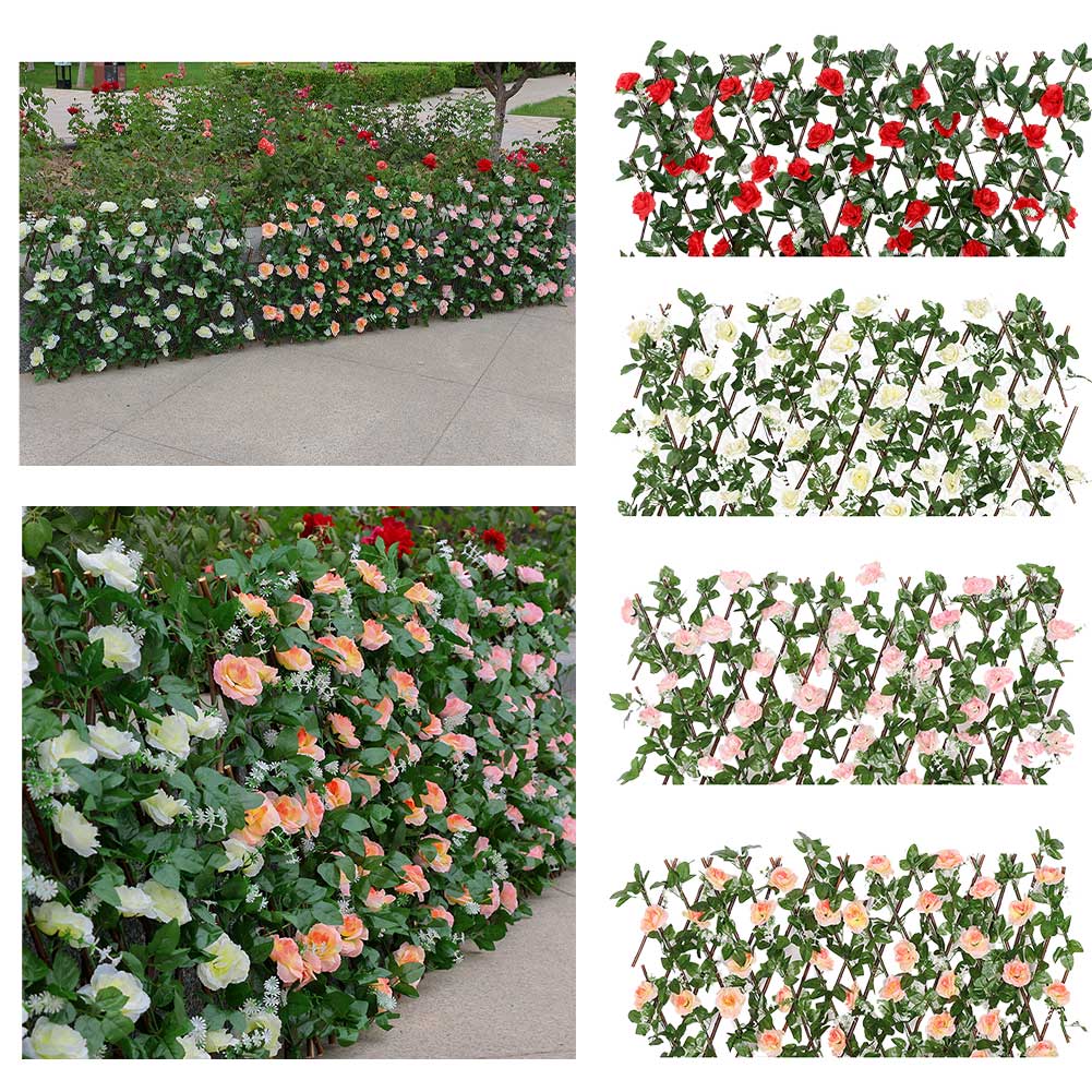 Expanding Trellis Artificial Fence With Buds Leaves Outdoor Screening Telescopic Cloth Flowers Privacy Screen Wooden Hedge