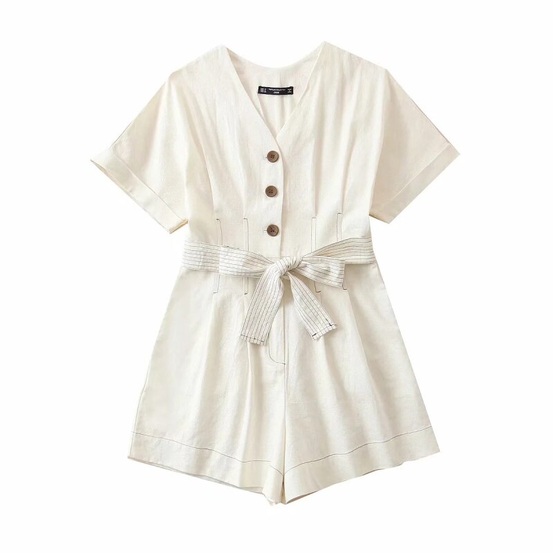 Bløde kvinder bomuld-linned jumpsuits sommer dame hvid jumpsuit fest kvindelige afslappede bukser piger chic: M