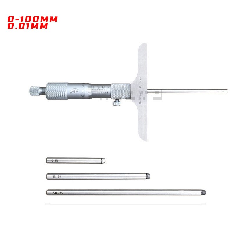 0-100mm Depth Micrometer 100mm 0.01mm Depth Micrometer Gauge With 4 Rods Measurement Caliper Tool