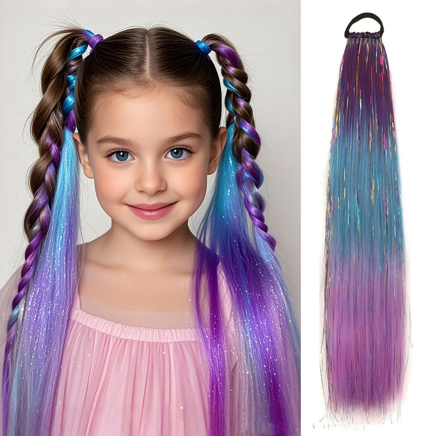 Extensão de rabo de cavalo roxo azul com laço de cabelo elástico glitter trança de cabelo para crianças meninas cabelo louco dia corajoso cabelo: OMBRE