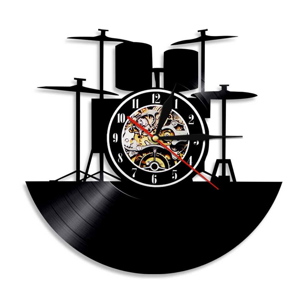 Trommesæt vinylplade vægur musikband trommer musikinstrumenter trommeslager boligindretning vægur unik rockmusik elsker: Uden led