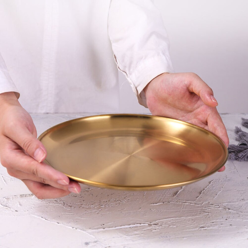 1Pcs Gold Stainless Steel Round Plate Tray Dinner Dishes Food Snacks Steak Fish Plate Eco-friendly Tableware for Kitchen Hotel