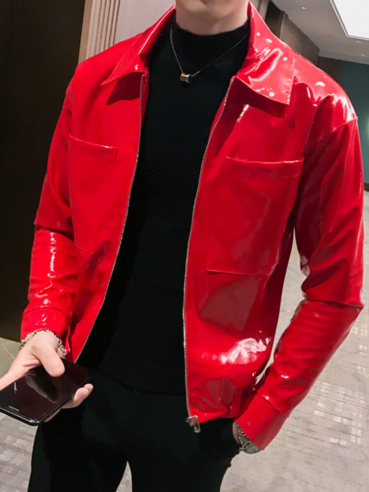 PFNW blouson en cuir brillant pour homme, couleur unie, Slim, rouge, noir, marron, boîte de nuit: Red / XXL