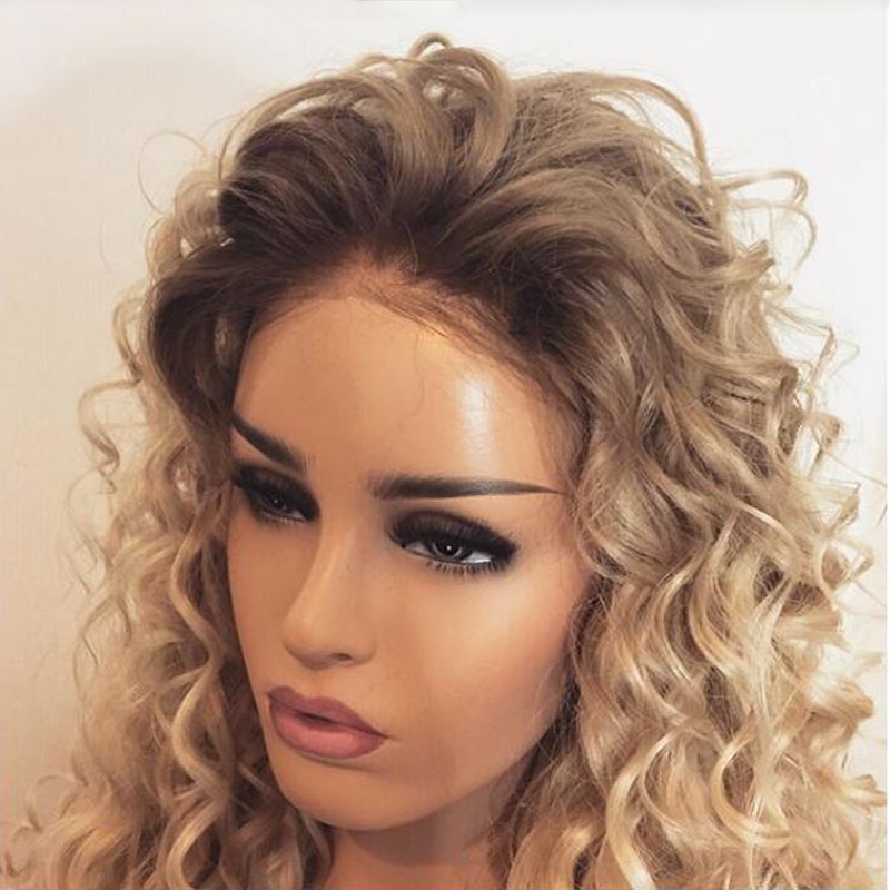 EEWIGS Glueless Blonde Curly Wig With Brown Root Heat Resistant Synthetic Lace Front Wig 180% Density Ombre Wigs For Black Women