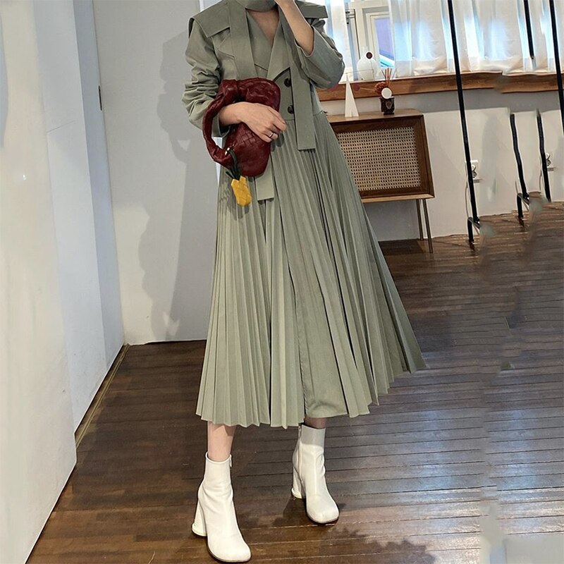 Trench-Coat plissé Double boutonnage pour femme, manteau Long Vintage, Style anglais, coupe-vent féminin avec ceinture