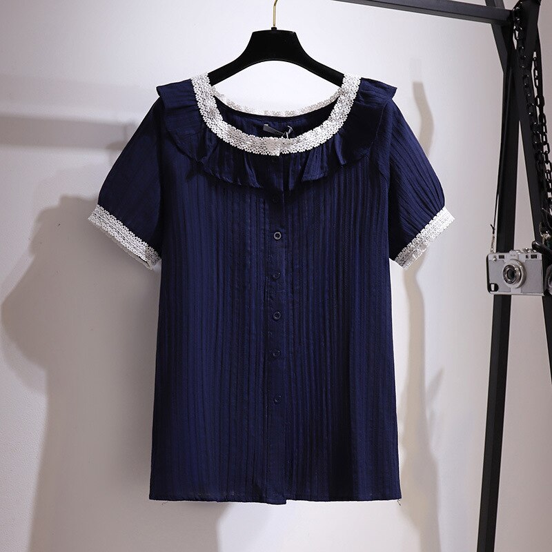 Ladies Summer Plus Size Tops For Women Large Blouse Short Sleeve Loose Casual Lace Cotton Button Shirt 4XL 5XL 6XL 7XL: Blue / 6XL