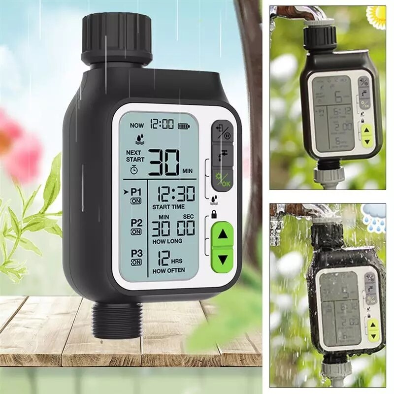CROSOFMI – minuterie d'arrosage avec 3 programmes d'arrosage séparés et fonction de capteur automatique de pluie, tuyau d'arrosage de jardin et de pelouse, minuterie d'irrigation