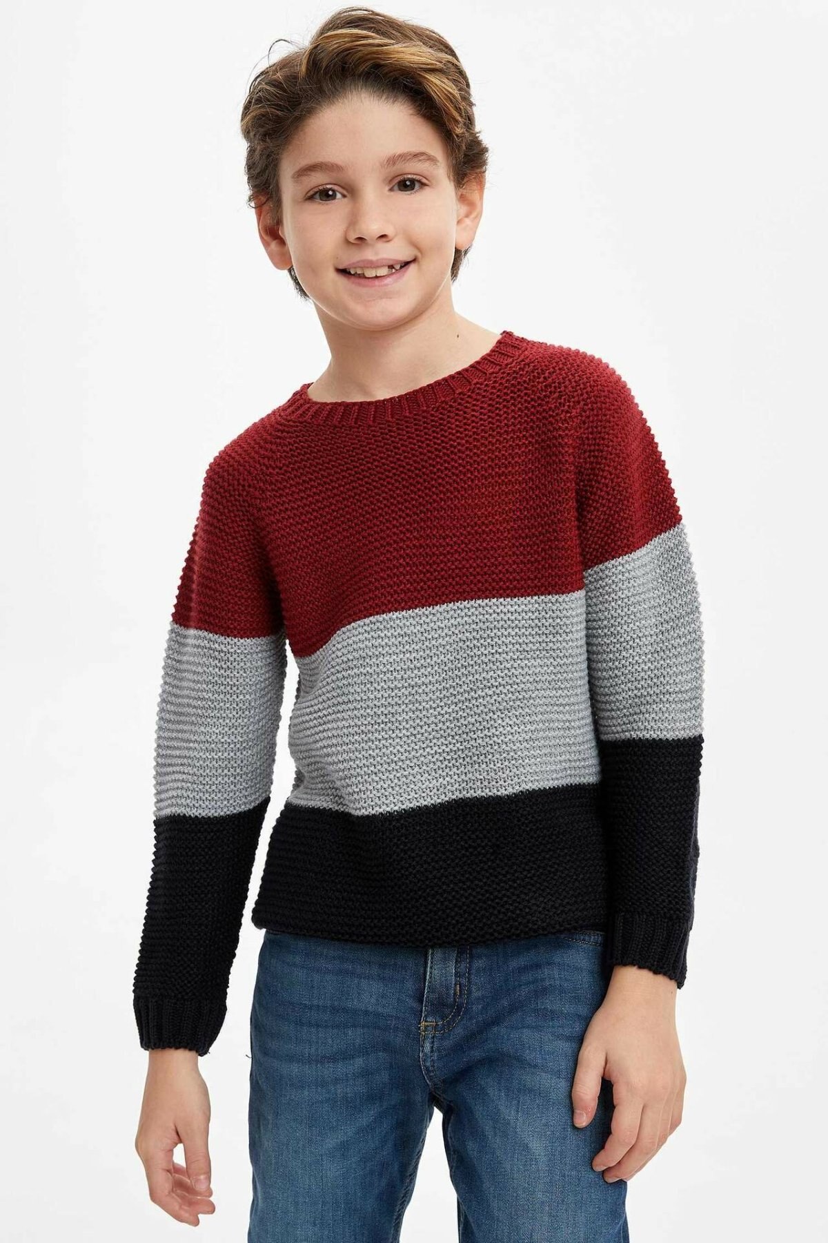 DeFacto Boy O-neck Pullover Kids Casual Striped Long Sleeves Tops Boys Comfort Loose Sweater Autumn - L0522A619WN: 12 13 Age