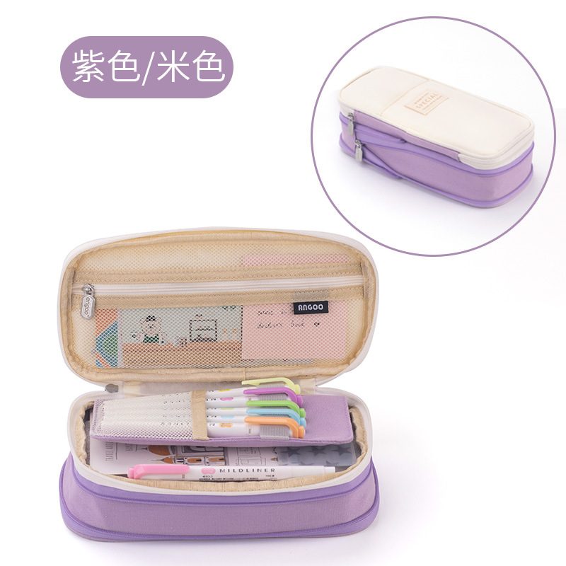 Kids Students Double Sided Pen Bag Pencil Case Special Dual Canvas Pocket Storage Bag Pouch Stationery School Trave Case Bay: light green