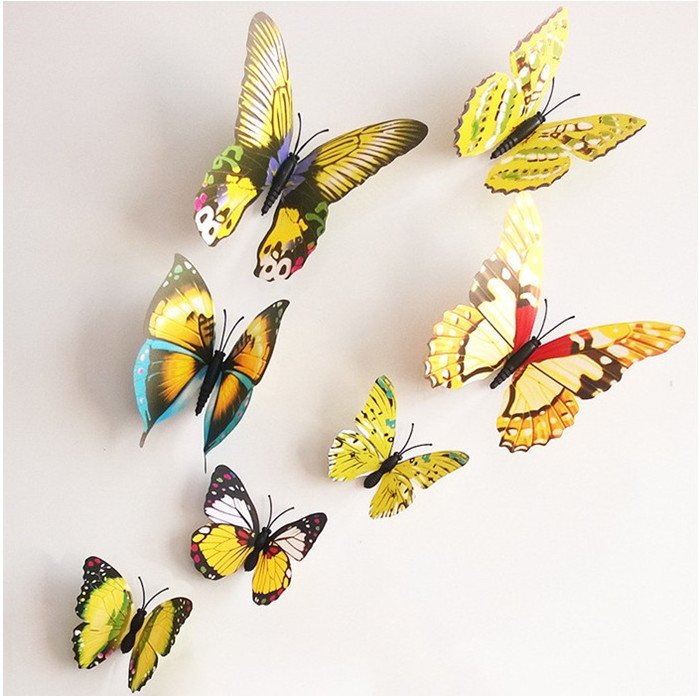 12 stk 3d store dobbeltlags magnet sommerfugl til børneværelser boligindretning vinyl vægkøleskab juledekoration klistermærker: Gul
