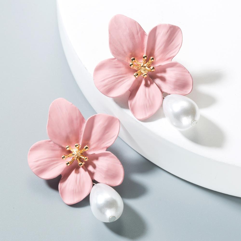 niedlich Schmuck Große Doppel Blume stud Ohrringe Für Frauen Sommer Stil Party Hochzeit Übertrieben schwarz Ohrringe: pearl pink