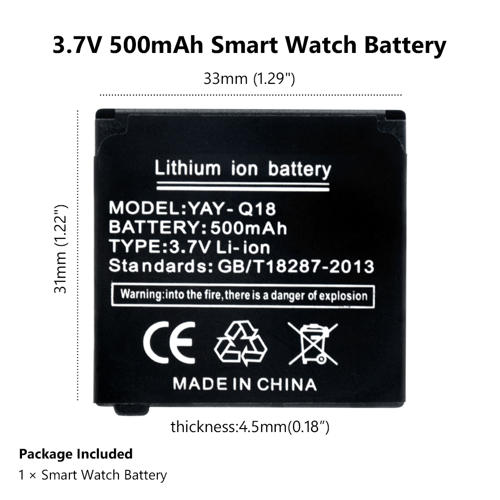 Postiman para reloj inteligente Q18, batería de litio recargable de 500mAh y 3,7 V, batería de polímero de litio de repuesto: 1pcs