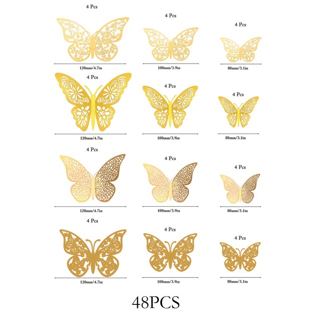 12 PCS Schmetterling Kuchen Dekoration Gold 3D Hohl Cupcake Topper Geburtstag Hochzeitstag Baby Shower Party Kuchen Dekorationen: Gold 48PCS