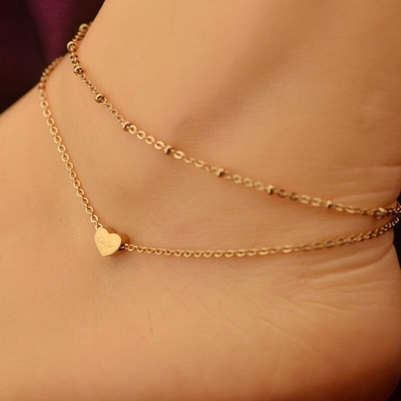 Sexy Gold Tone Love Heart Ankle Bracelet Double Layer Chain Foot Anklet and ankles foot decorations