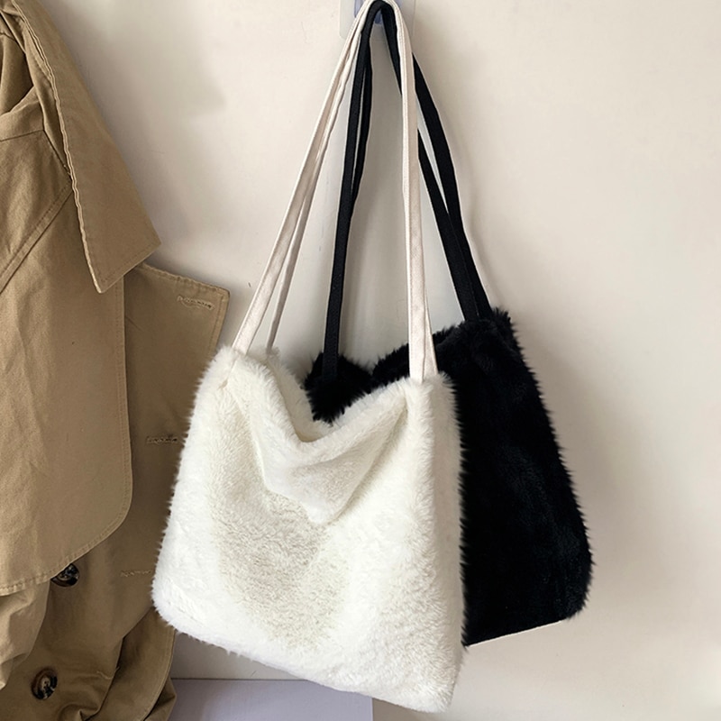 Fluffy tasker til kvinder toppe shopper shopping tote skulder luksus håndtasker faux fur simple female plys taske