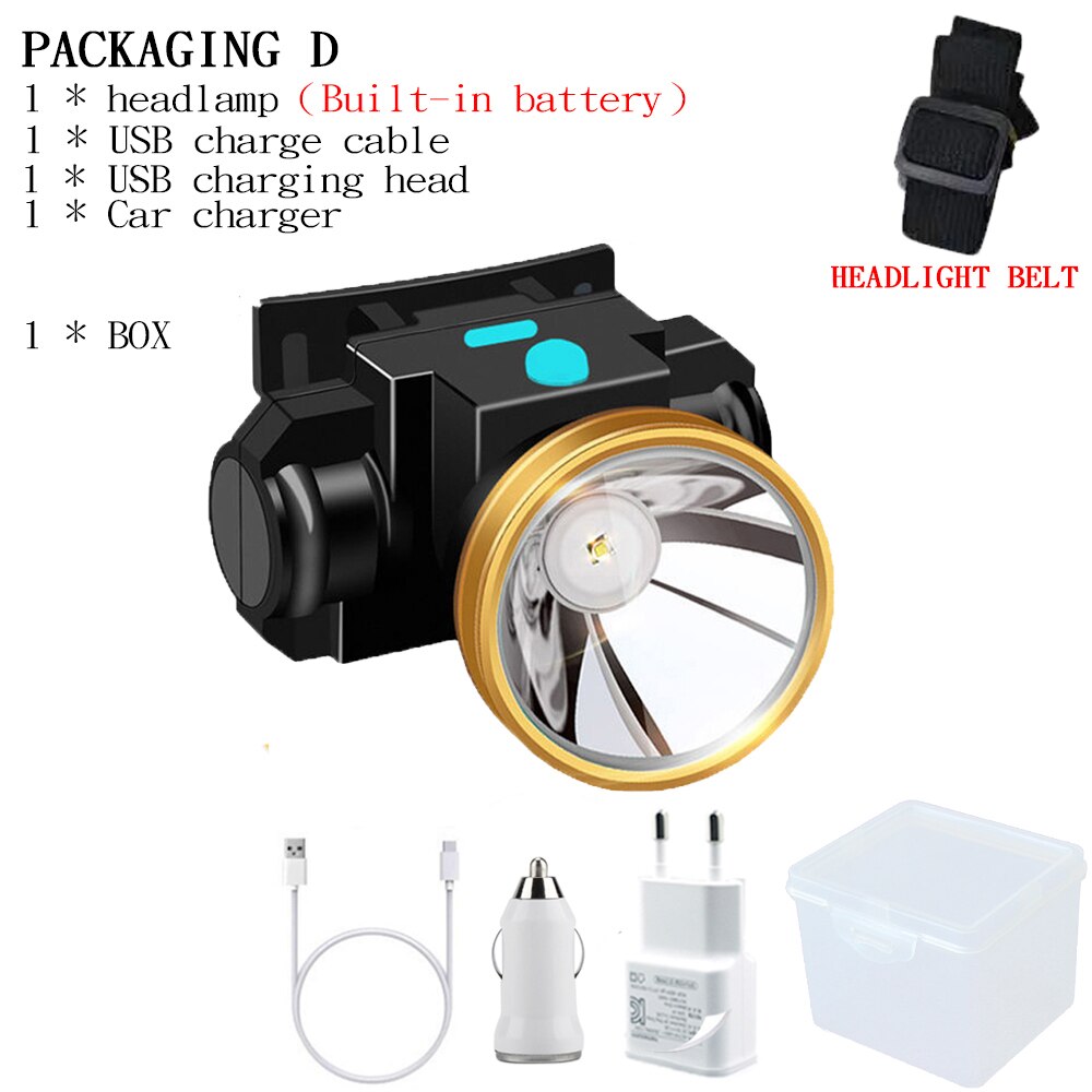 Mini højeffekt usb genopladelig forlygte 3 modes bærbar campinglys bygget -in 18650 batteri vandtæt forlygte: Pakke d / Os