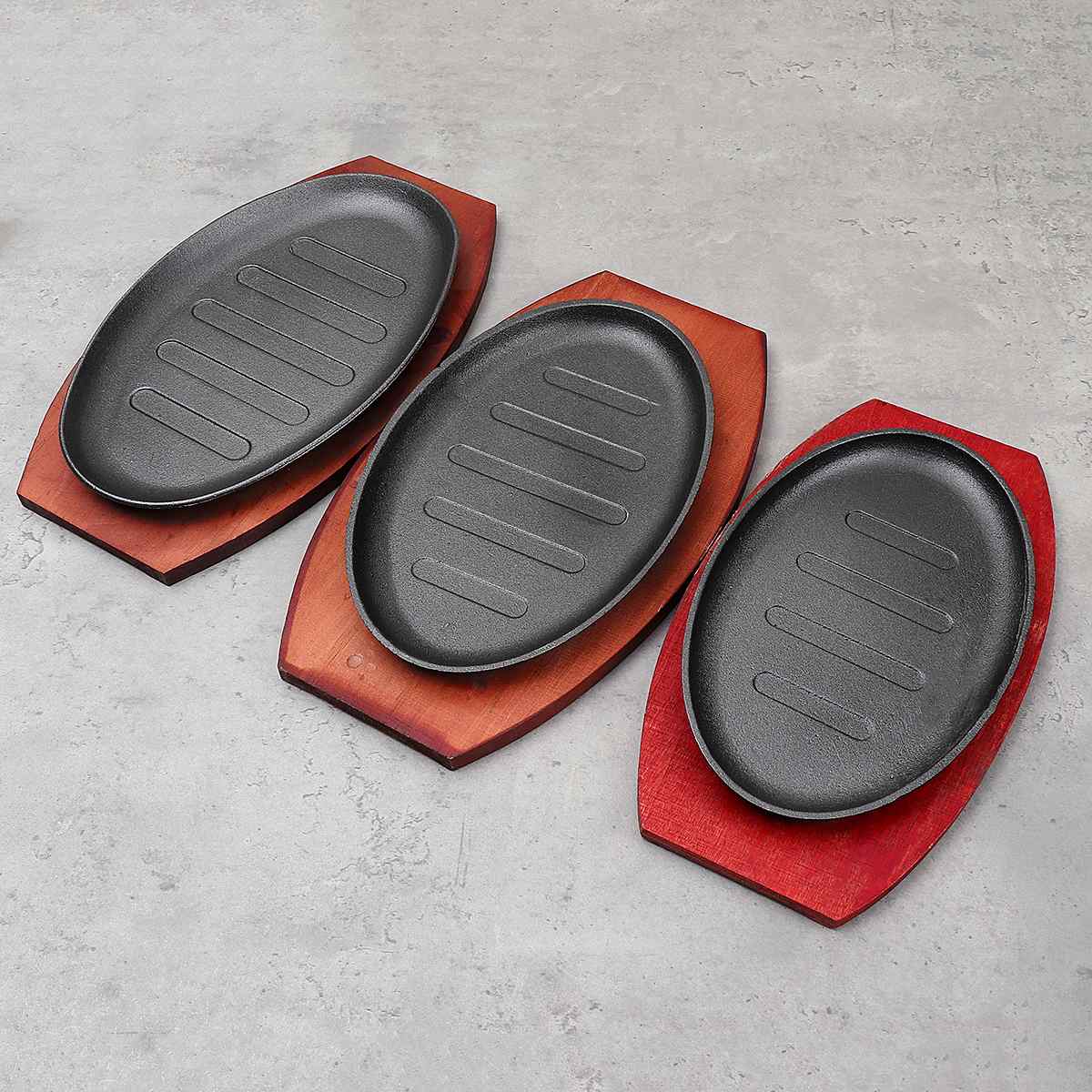 Cast Iron Steak Fajita Sizzling Platter Plate BBQ Grill Pan Cooking Wooden Holder