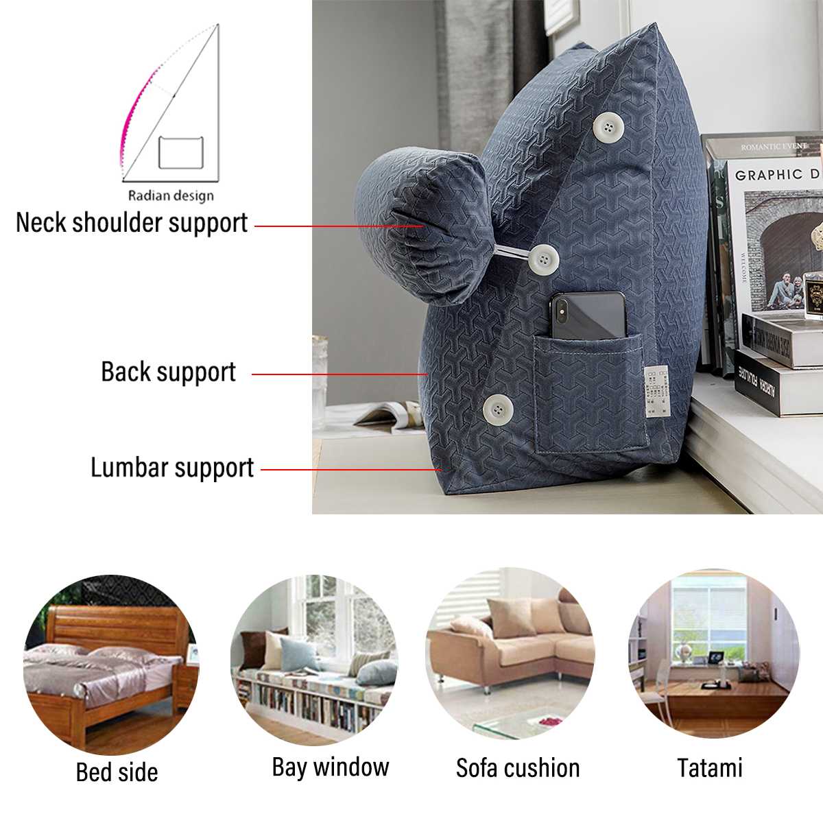 45*50*22cm Comfort Wedge Bed Reading Pillow Large Big Sofa Bedside Bed Lumbar Support Cushion Backrest Back Rest Pillow Bedroom