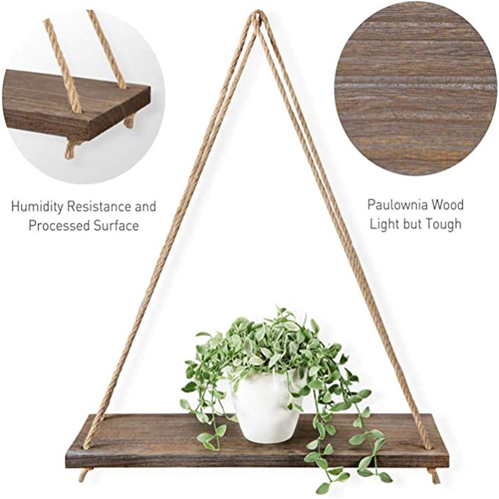 Plant Flower pot stand -Wall decoration sling rack Premium Wood Swing Hanging Rope Wall Mounted Floating Shelves#40