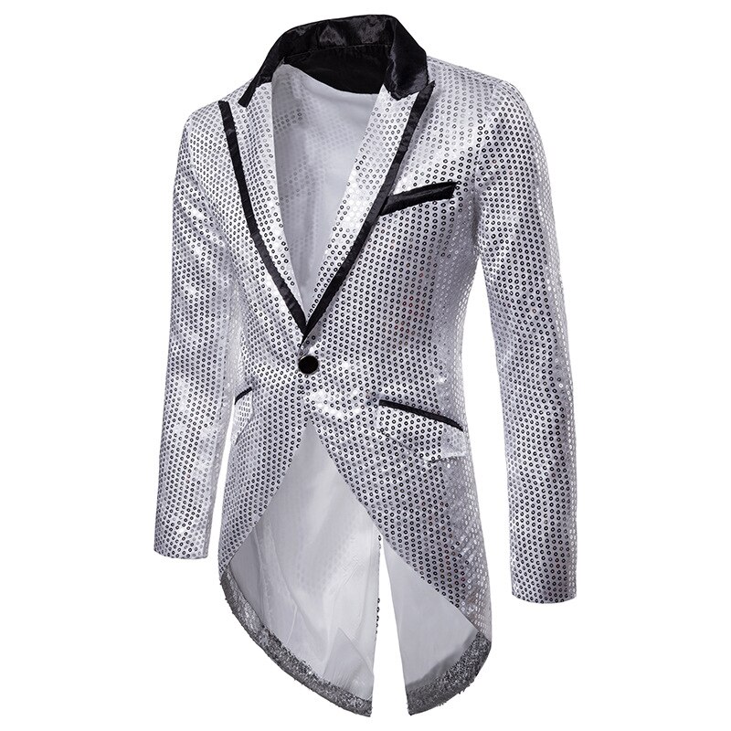 Mannen glanzende gouden pailletten glitter verbeterd blazer jas mannen nachtclub blazer wieden party jasje stadion zangers kleding: Zilver / Xl