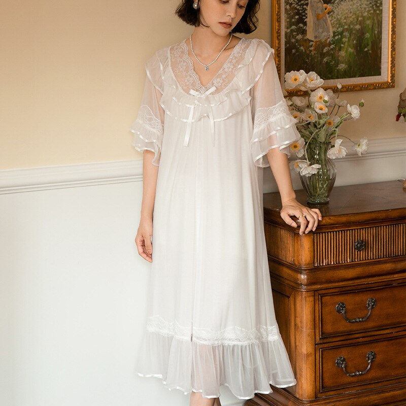 Camisón Vintage para mujer, vestido de noche romántico de princesa de encaje de malla de hadas, ropa de dormir victoriana larga, camisón de verano: Blanco / L