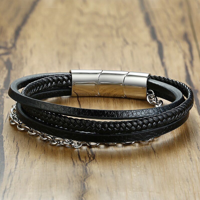 Klassisk sort charm armbånd og udvid magnetspænde titanium stål o kæde flettet læder armbånd kvinder