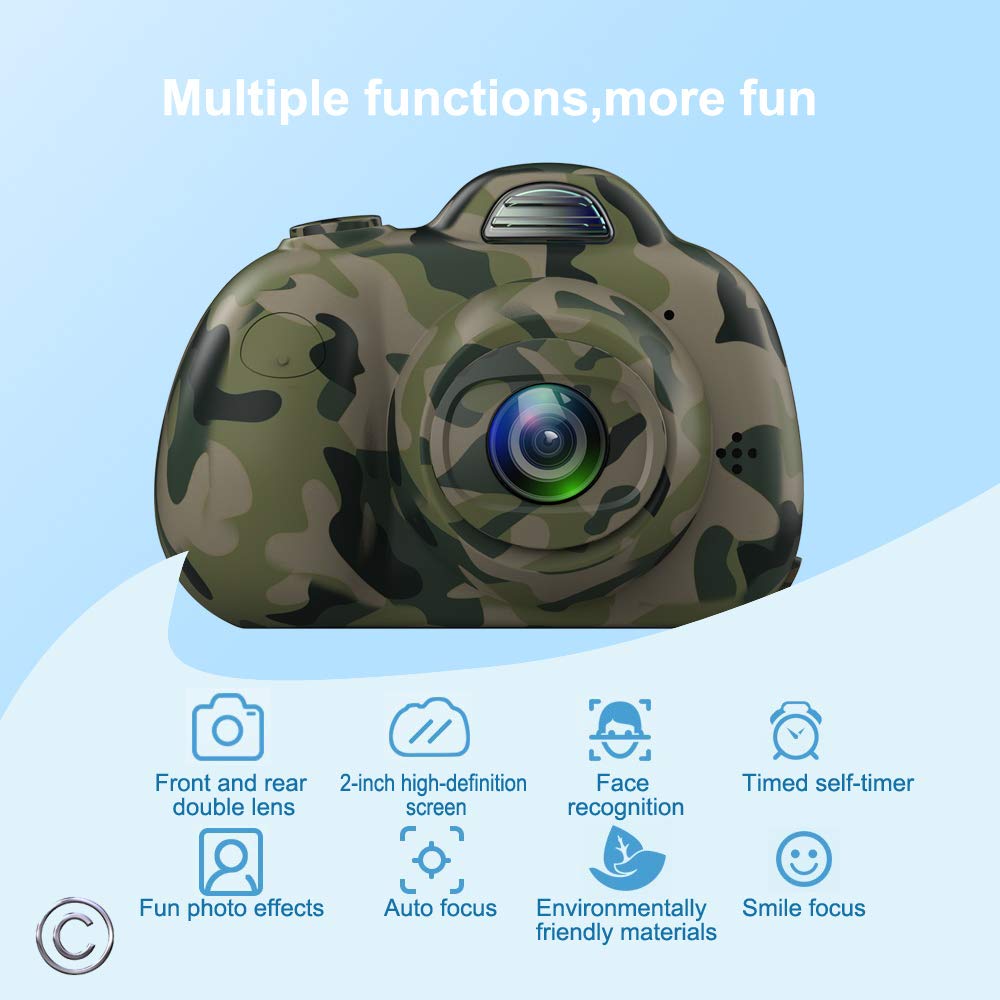 Kindercamera mini-kartonnen digitale spiegelreflexcamera, slimme camera met dubbele lens, 2.0 inch, 12mp inch anti-val speelgoedcamera voor jongens en meisjes, kerst: Camouflagekleur / Voeg 32g tf-kaarten toe