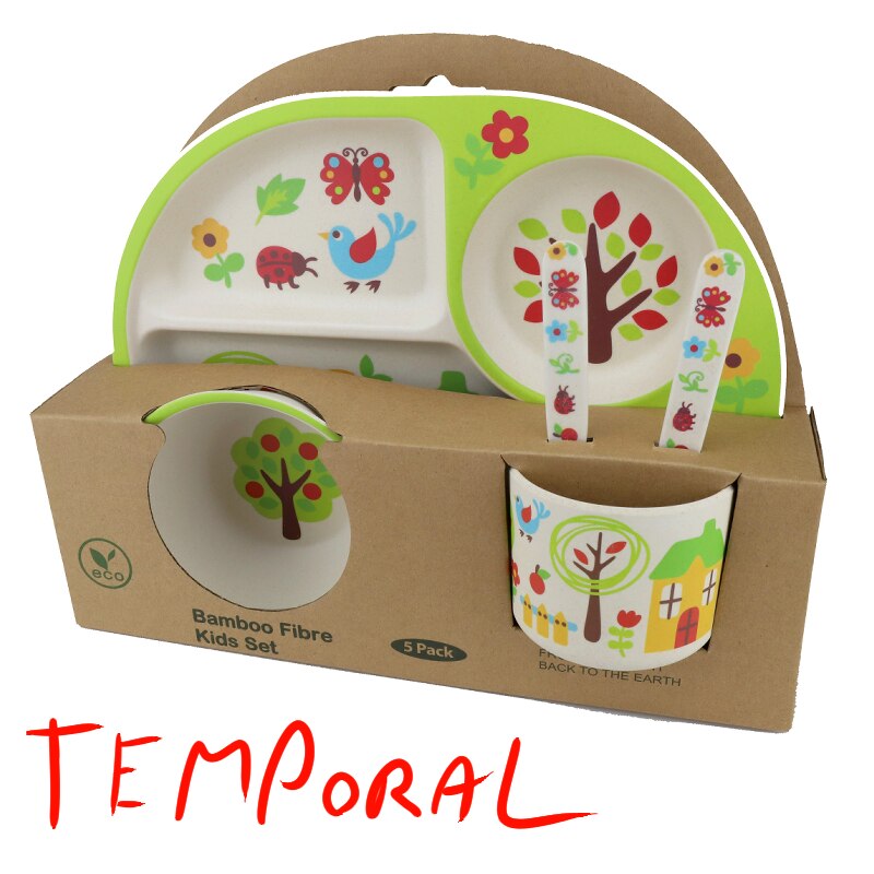 Set de 5 Vajillas Infantil Barco Mariquita Hecha de bambú Biodegradable. Apto para lavavajillas. Hasta 100ºC.: jardin