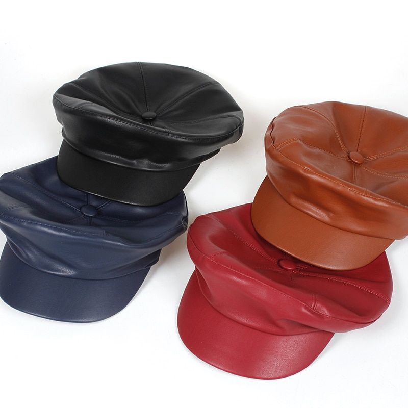 Gorros de piel sintética de para hombre y mujer, Boina negra, para primavera, Otoño e Invierno
