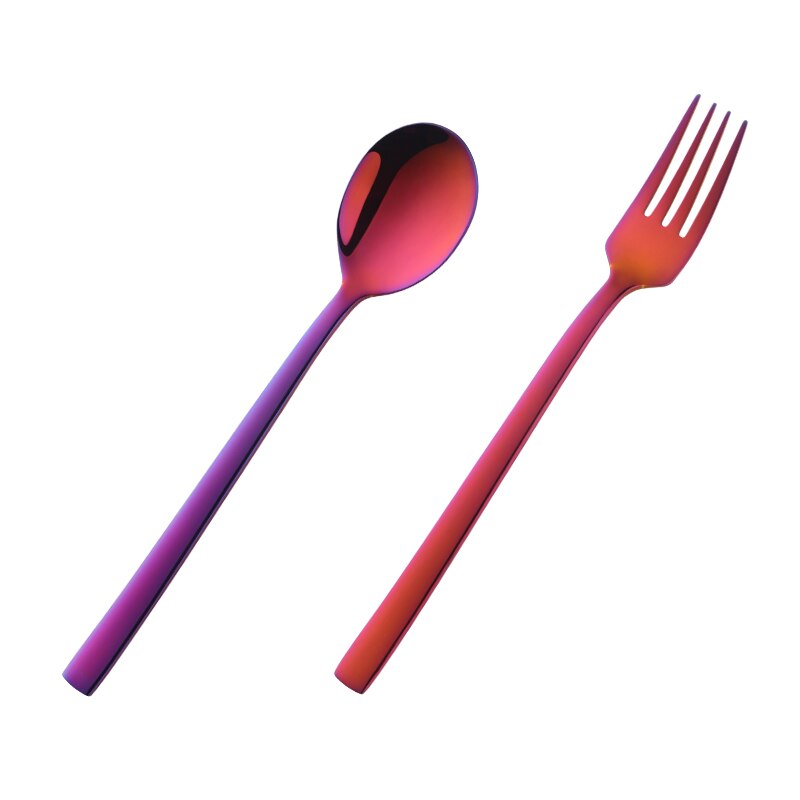2PC Korean Spoon and Fork Set Stainless Steel Soup Spoon Blue Dinnerware With Long Handle Metal Gold Spoon And Fork: Rainbow NO.3 1 Set