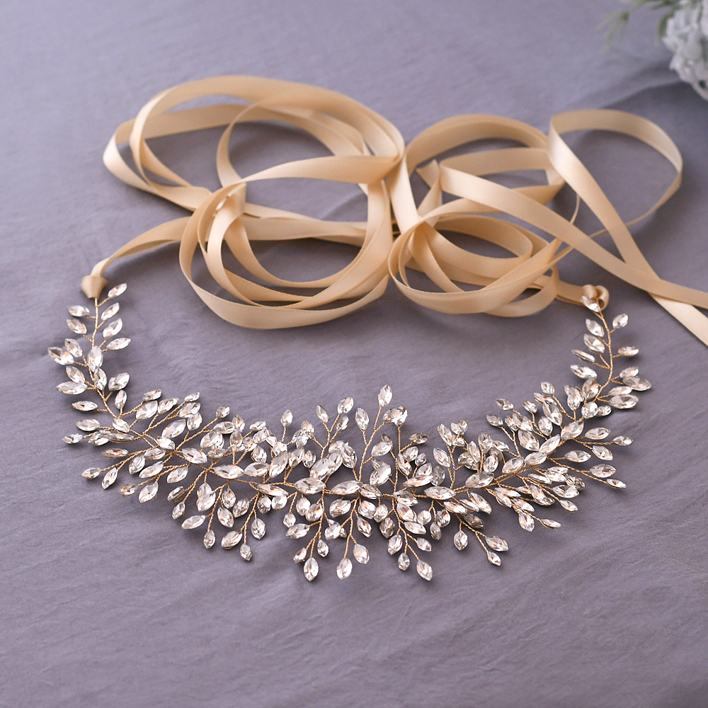 YouLaPan SH237-G złoty pas ślubny z kryształ górski moda koralik pas cienki szarfa pasek zachodnie pasy aplikacja ślubna szarfa pasek: szampan