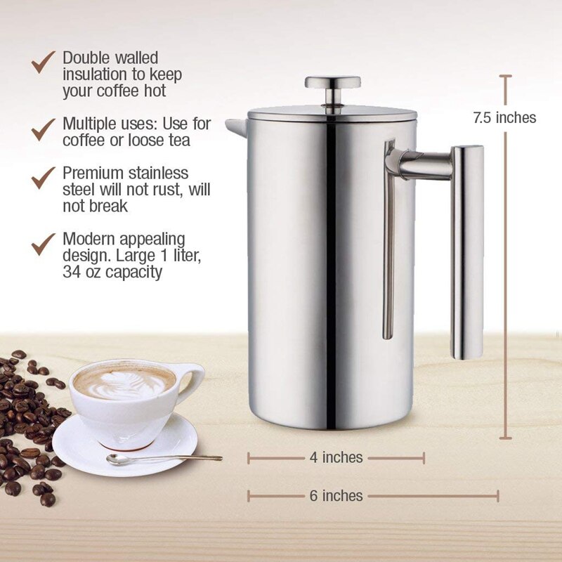 Stainless Steel French Press Coffee Maker | Double Walled Insulated Coffee & Tea Brewer Pot & Maker | Keeps Brewed Coffee or T