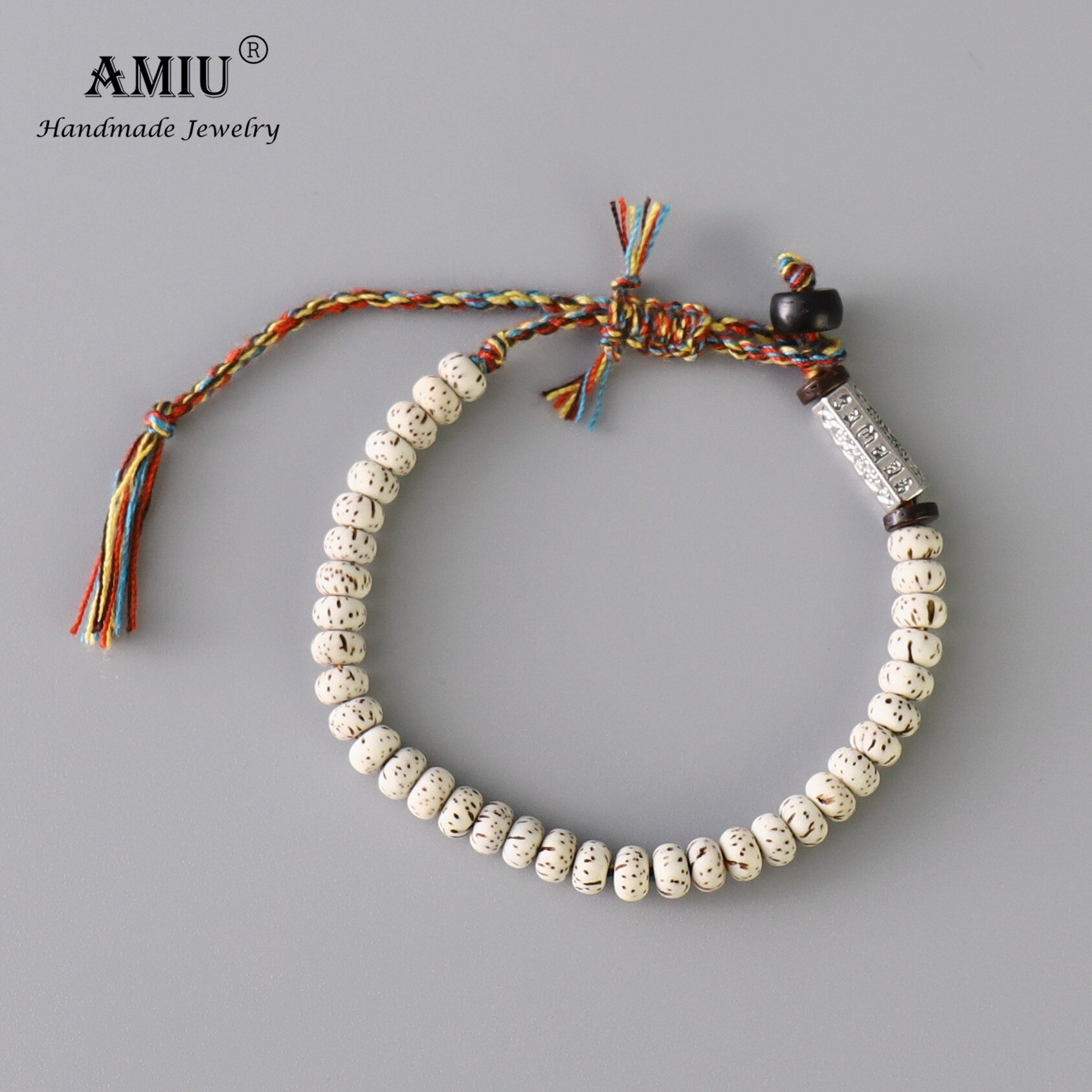 AMIU tibétain bouddhiste tressé coton fil chanceux noeuds bracelet naturel Bodhi perles sculpté amulette Bracelet fait main pour les hommes